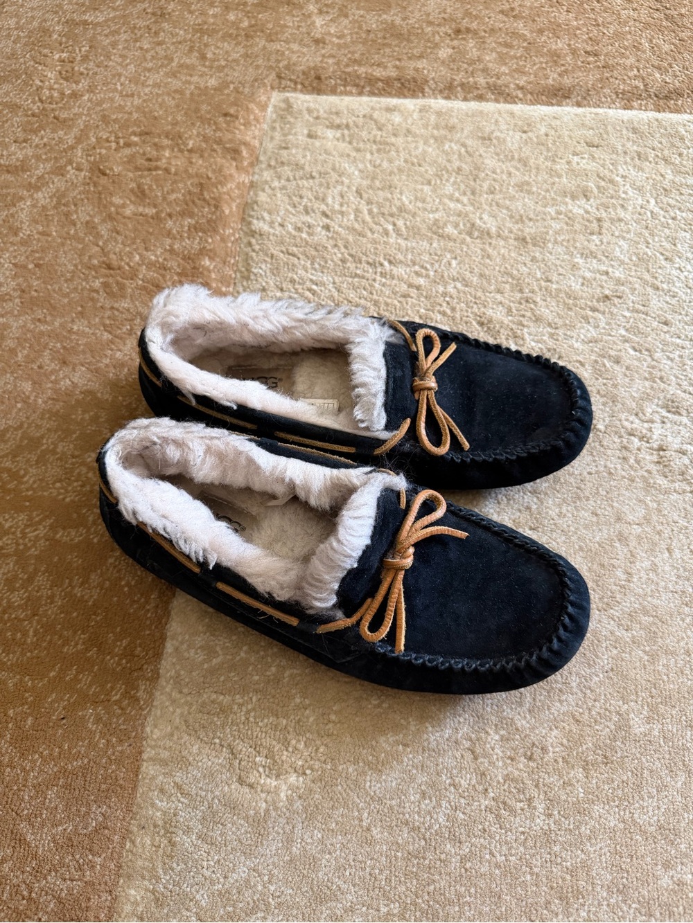 UGG Black Moccasin Faux-Fur Lined Slippers with Bow
